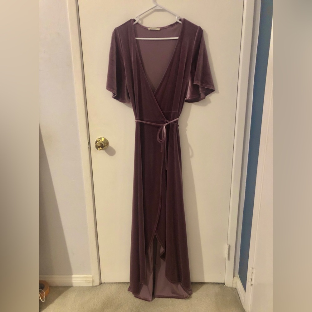 NWT Promesa Maxi Wrap Dress Flutter Sleeve Dark Pink Velvet V Neck Party Prom M - Picture 2 of 10